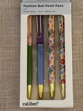 Caliber Fashion Ballpoint Pen Set 4 Pack Floral Colorblock Black Ink Gold Tone